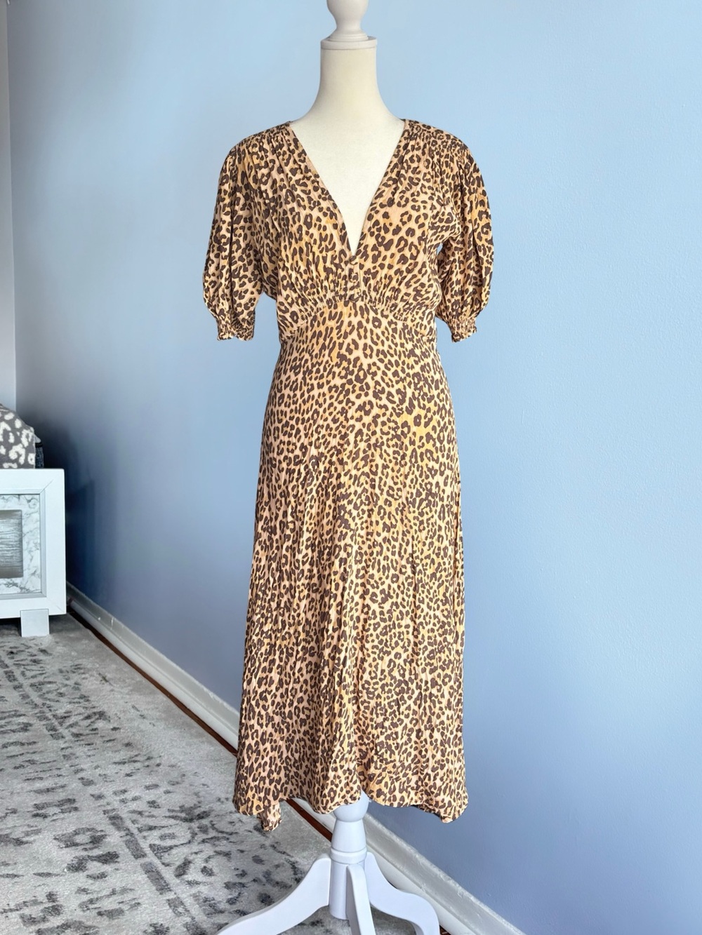 Faithfull the Brand Short Sleeve Cheetah Leopard Ruched Waist Maxi Dress